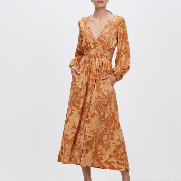 NEW Mon Renn Australia orange floral leafy cutout v maxi dress - Picture 1 of 9